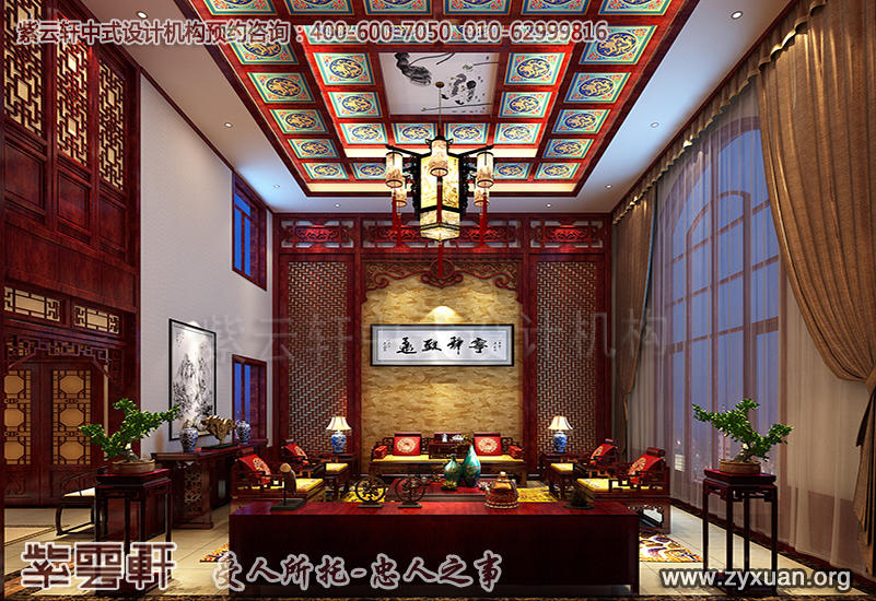 别墅客厅中式装修效果图--青岛豪宅古典中式风格装修效果图