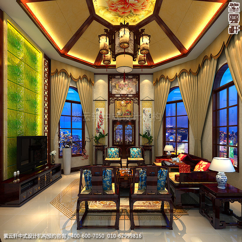 长沙豪宅别墅古典中式装修,客厅装修设计效果
