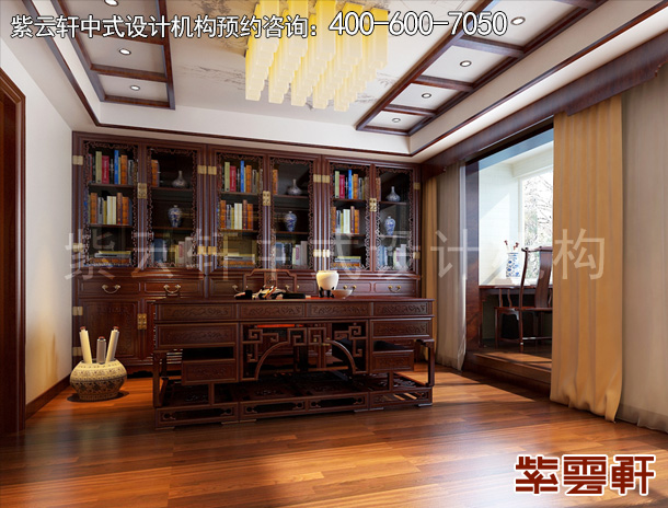 褐石园别墅现代中式设计案例,书房中式装修效果图