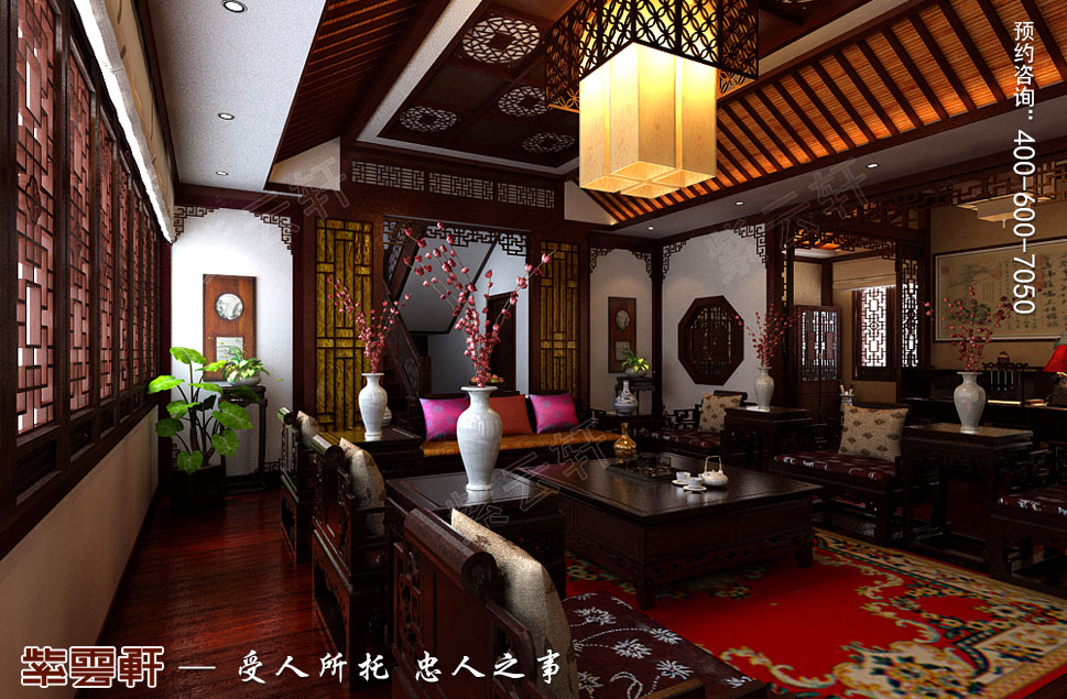 江苏扬中别墅古典中式装修效果图，起居室中式装修