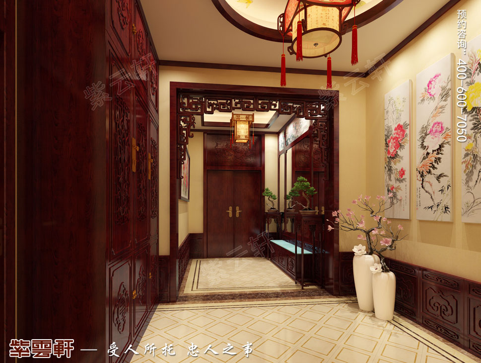 北京御汤山古典中式别墅装修效果图，中式风格门厅设计图