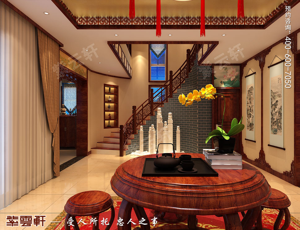 北京御汤山李总别墅装修效果图，楼梯间中式装修图