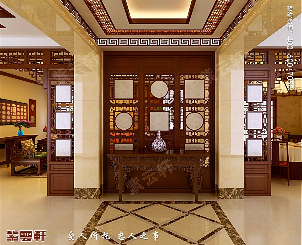 江苏盐城简约古典别墅中式装修设计，门厅中式设计