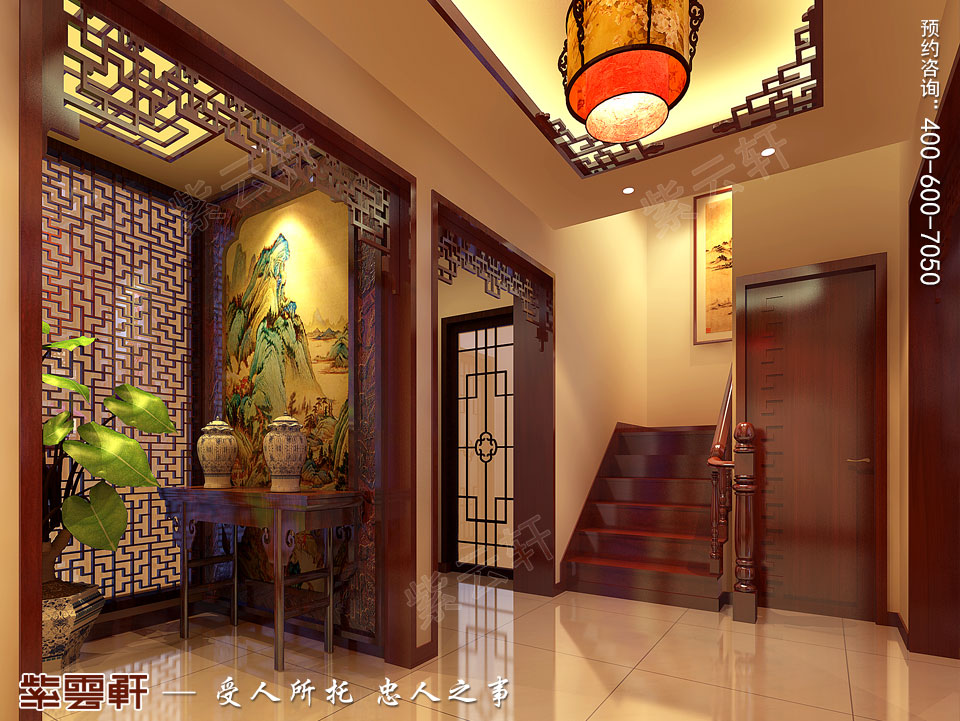 联排别墅简约古典中式风格装修效果图，中式风格门厅设计图