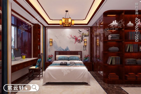 中式红木装修风格书房卧室一体设计效果图
