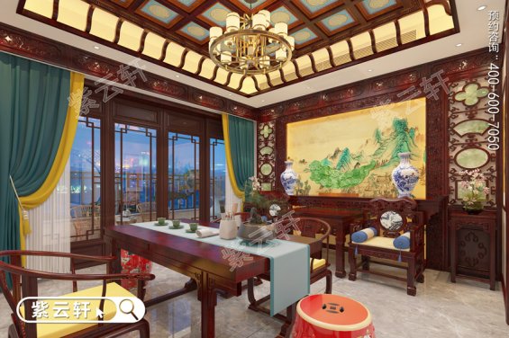 别墅中堂客厅效果图，2023中式红木装修实景图