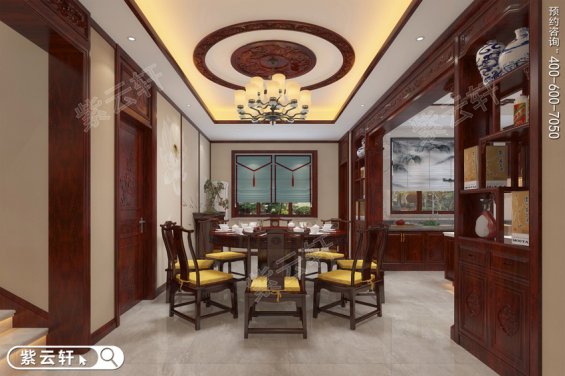中式餐厅效果图，传统家庭设计餐厅实景图