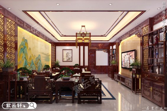 客厅古典装修效果图，家庭中式客厅设计实景图