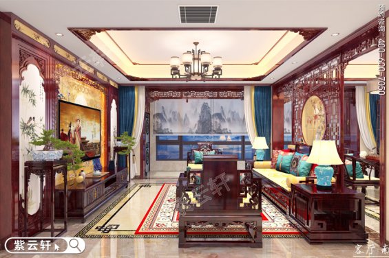 别墅客厅中式效果图，传统装修风格客厅实景图